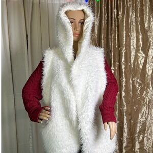 a.n.a A New Approach White Faux Fur Hooded Vest Cardigan Women's Size L